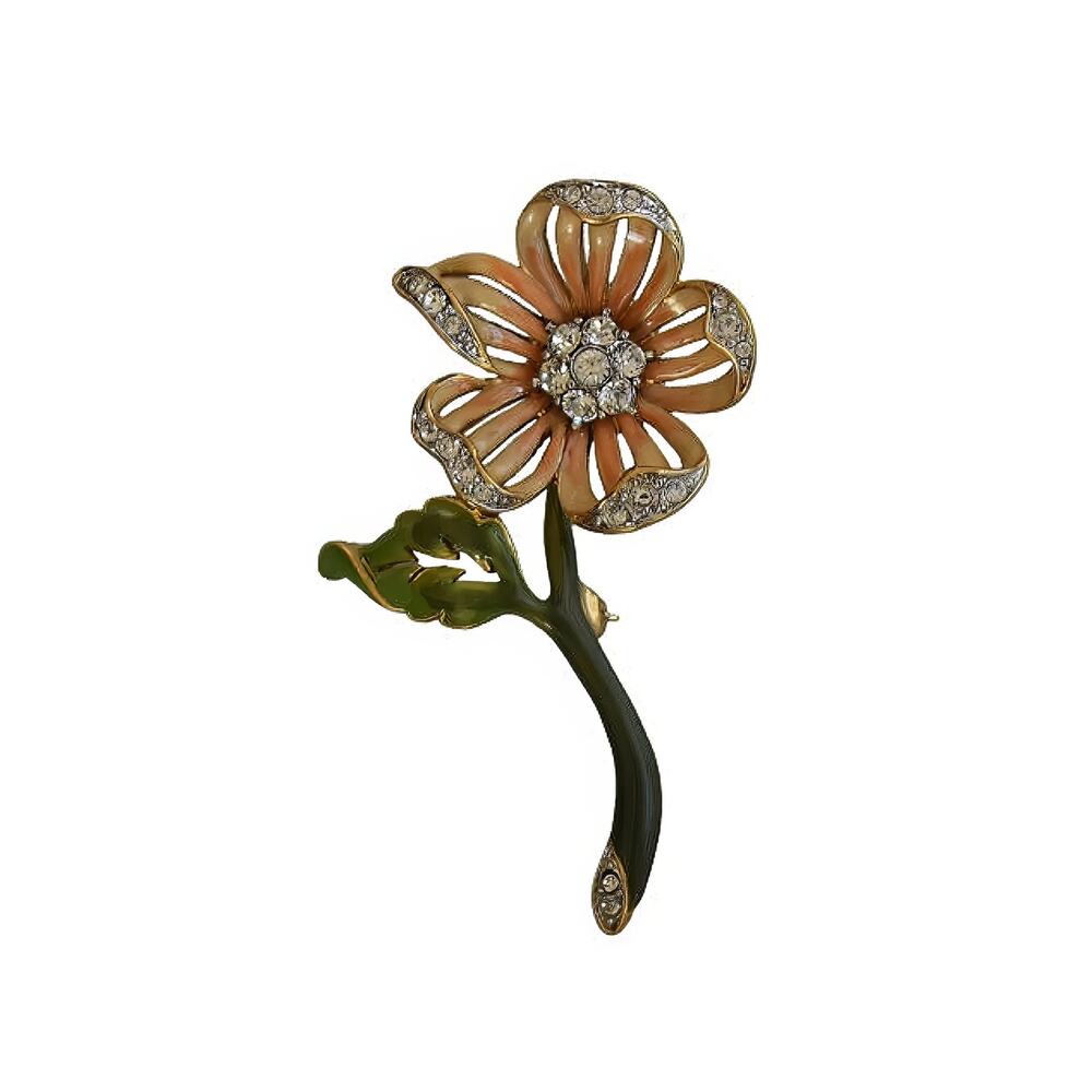 1990s Nolan Miller Country Garden Rhinestone Peach & Green Enamel Flower Brooch